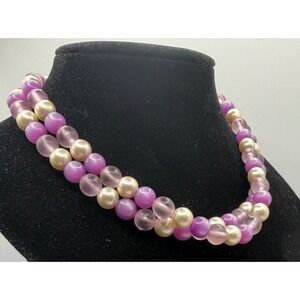 Vintage Style Two Strand Faux Pearl & Purple Beaded Choker‎ Necklace 13"